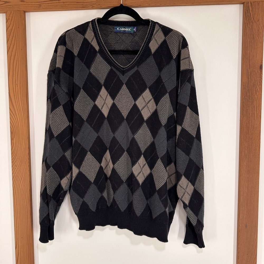 Vintage Carmel Argyle V-Neck Sweater XL Black Grey‎ Knit Made USA Dark Academia